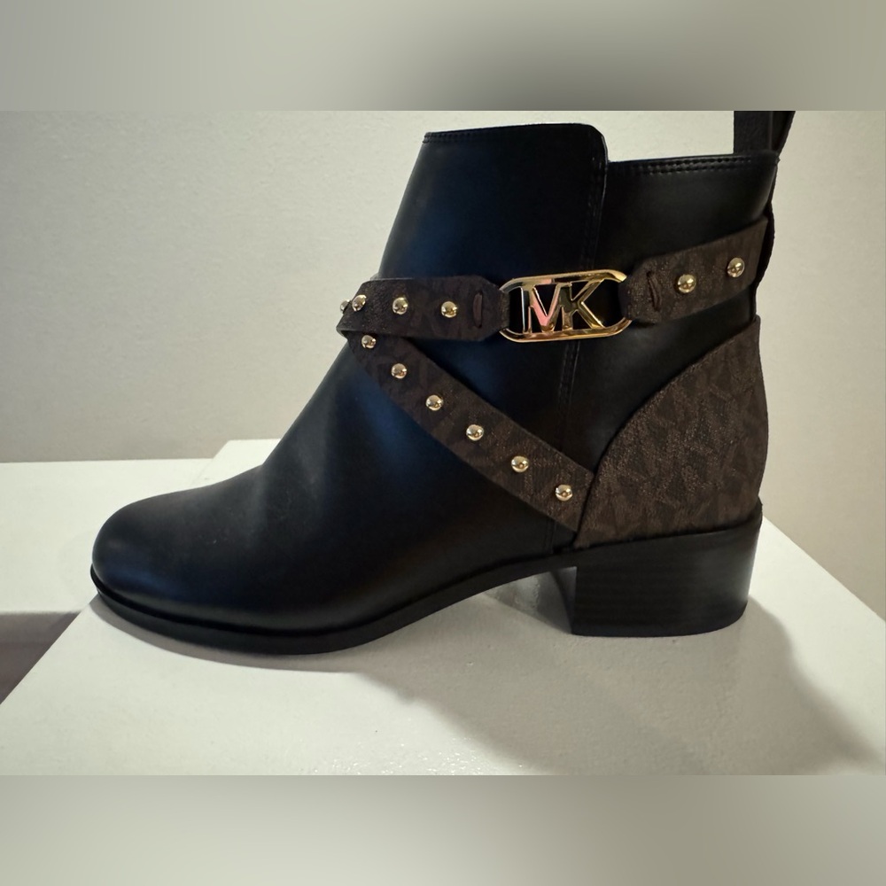 Michael Kors Studded Ankle Boots – Black Leather & MK Logo – Size 8